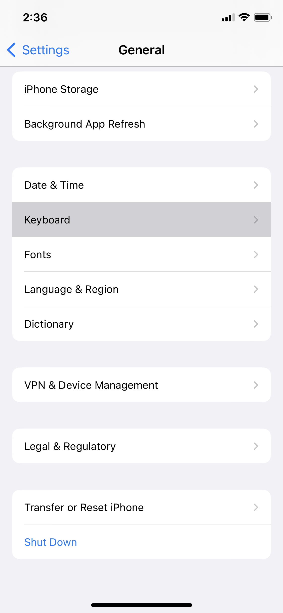 iPhone General Settings (keyboard) screenshot