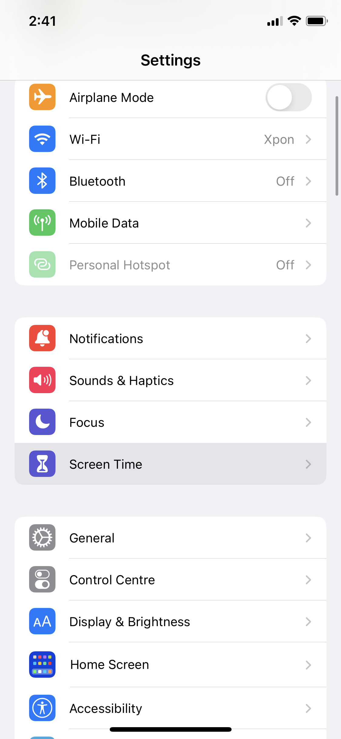 iPhone Screen Time settings screenshot