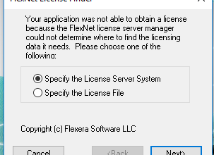 AutoCAD startup showing the FlexNet License Finder dialog and its server and file choices.