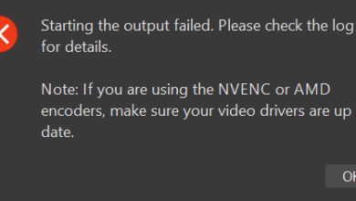 OBS Studio showing Starting the output failed with the note about NVENC or AMD video drivers.