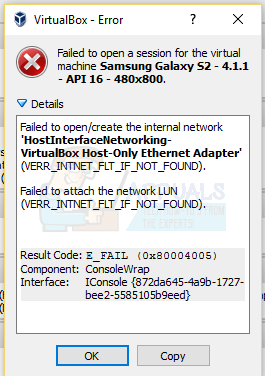 failed to open create the internetl network E_FAIL 0x80004005