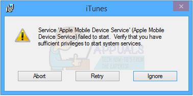 Apple Mobile Device Failed to Start. Verify that you have sufficient privileges to start system services