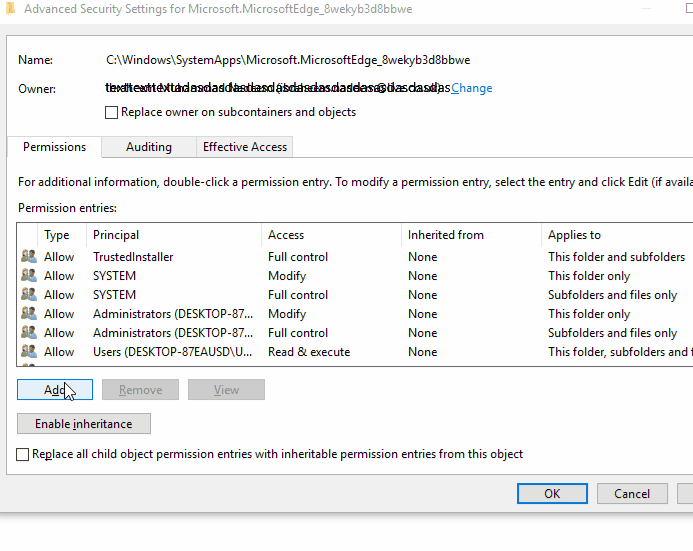 Adding permission for administrator groups of Edge folder - Windows 10+