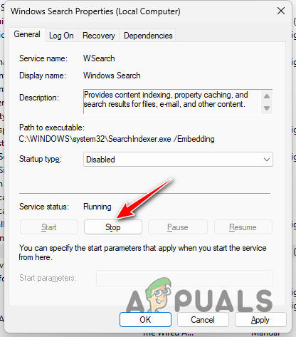 Stopping Windows Search Service