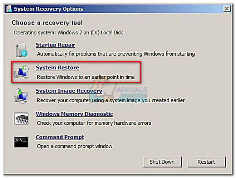 Click on System Restore from the System Recovery Options menu