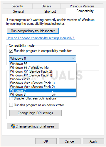 Run this program in compatibility mode for Windows 7
