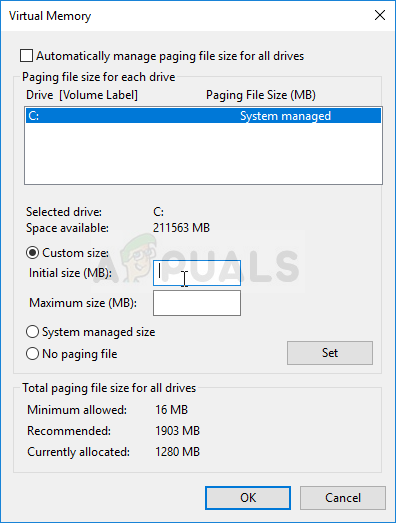 Setting the size of page file manually
