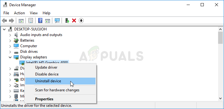 Uninstalling the graphics card driver in Device Manager