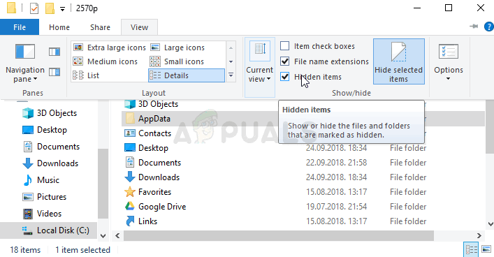 Enabling the view of hidden files and folders