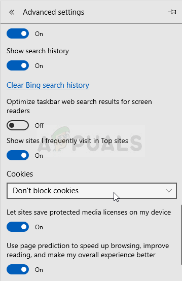 Don't block cookies in Microsoft Edge
