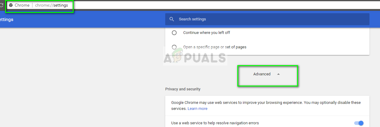 Advanced Settings in Chrome browser
