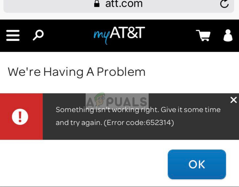 Error code 652314 when accessing email in AT&T
