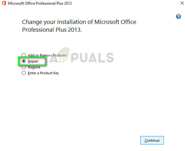 Initializing Microsoft Office Repair in Microsoft Windows