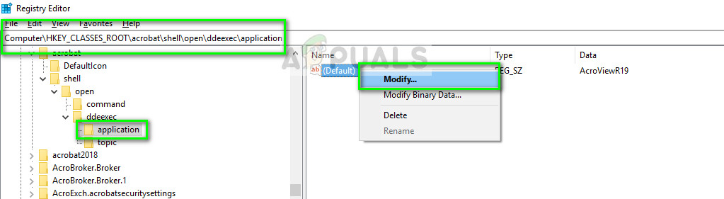Modifying Acrobat registry values: Registry editor