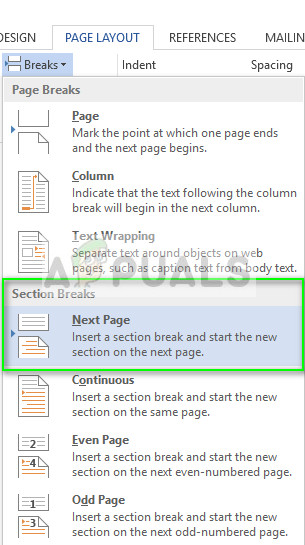 Inserting section break on next page - Microsoft word