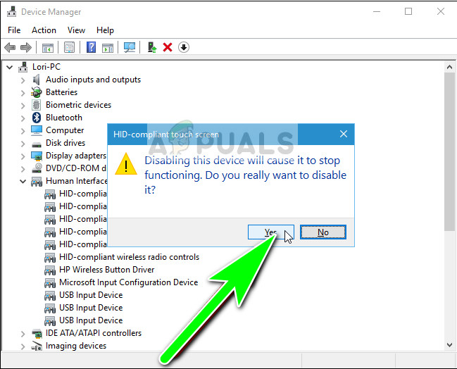 Confirming disabling the touchscreen - Device manager on Windows 10