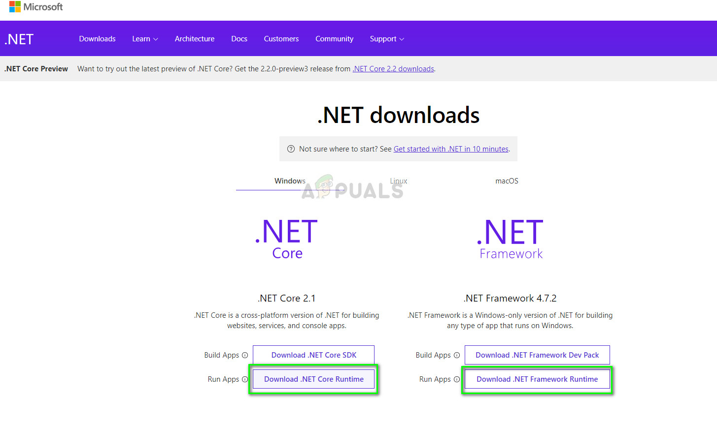 .NET Core/Framework download Windows 10