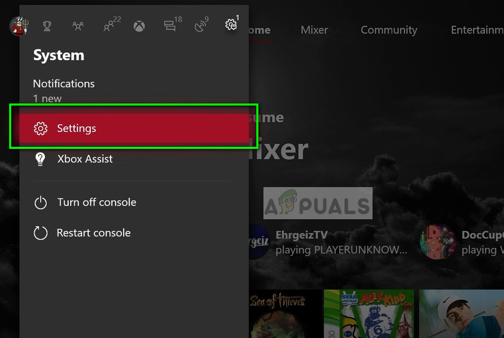 Settings in Xbox console