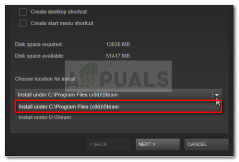 Choose the default Steam library folder