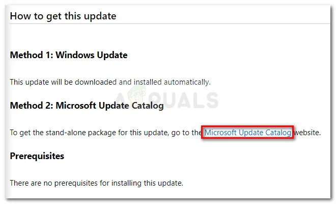 Click on the Microsoft Update Catalog Hyperlink