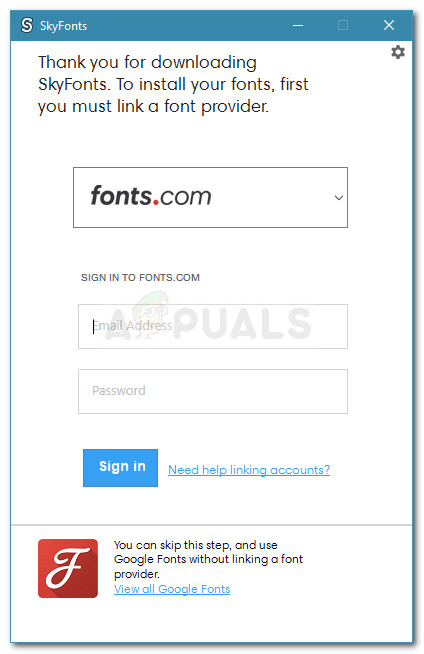 Choosing the font provider and inserting the account credentials