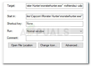 Adding -nofriendsui -UDP or -nofriendsui -tcp parameters to Monster Hunter: World shortcut
