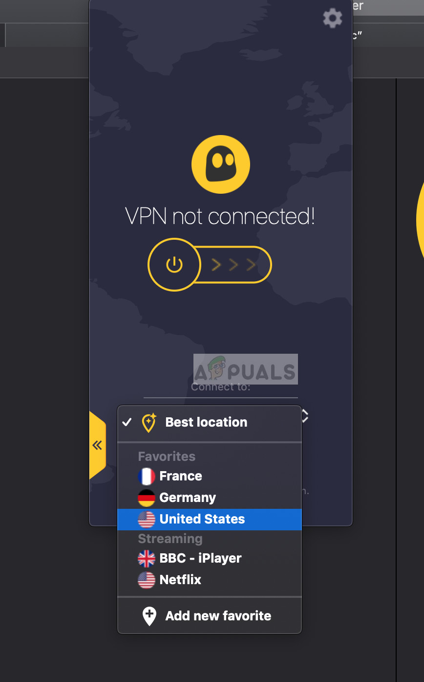 Setting VPN location and turning on