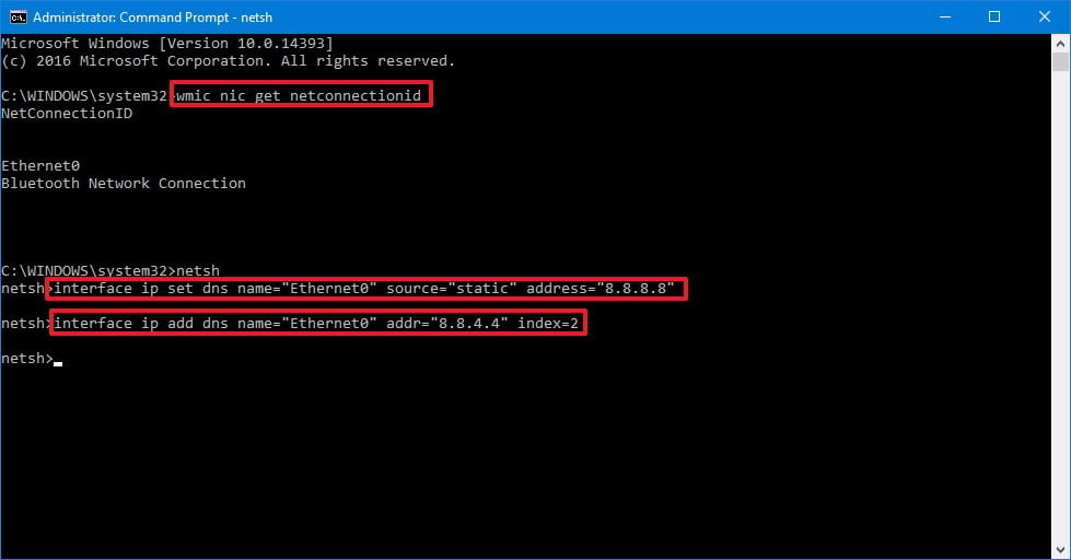 Write the interface ip set dns name="ADAPTER-NAME" source="static" address="X.X.X.X command
