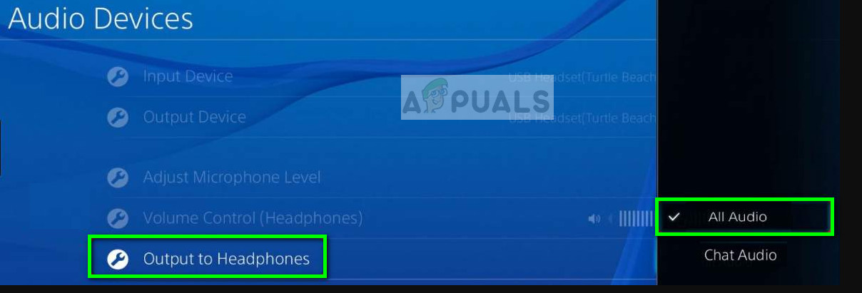 Selecting 'All Audio' for output on PS4