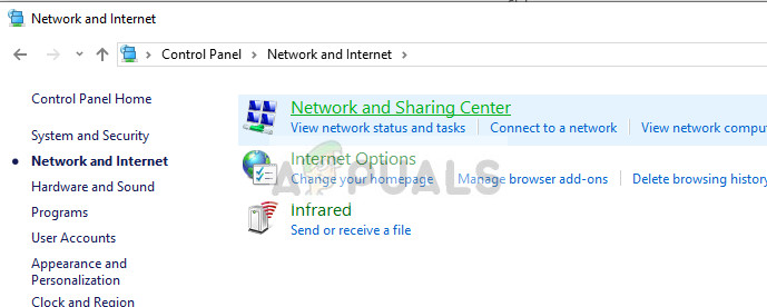 Network and sharing center - Internet settings on Windows 10