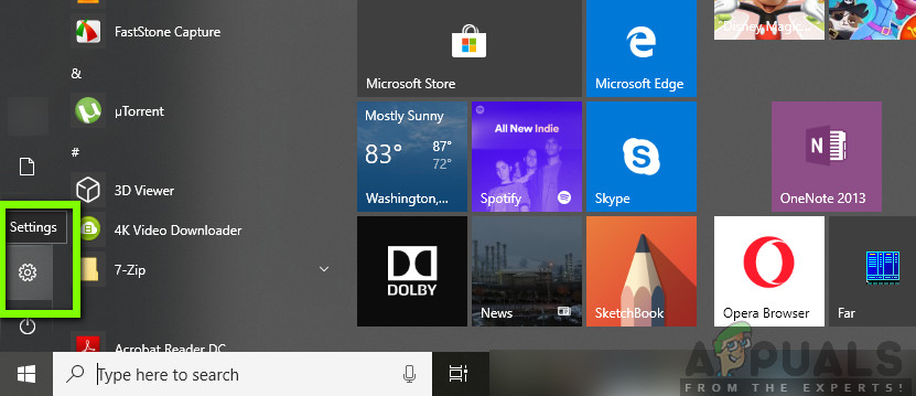 Clicking on Settings icon - Windows Start