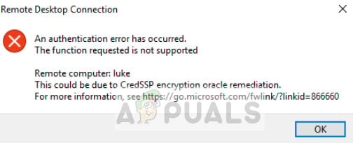 An Authentication Error has occurred (Remote Desktop)