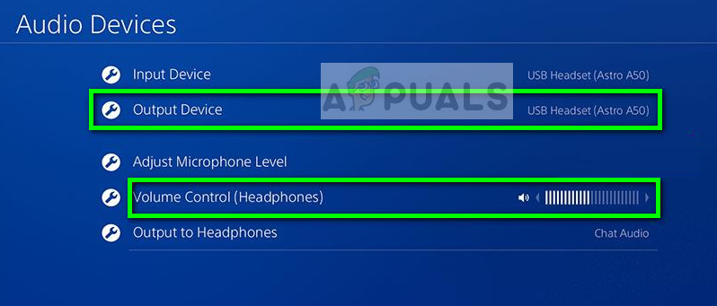 Setting output device as 'USB Headset' on PS4