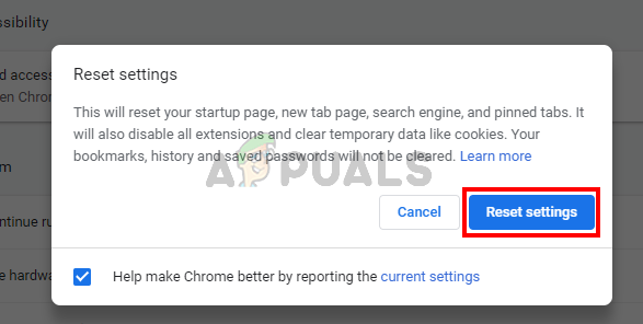 Google Chrome Reset settings