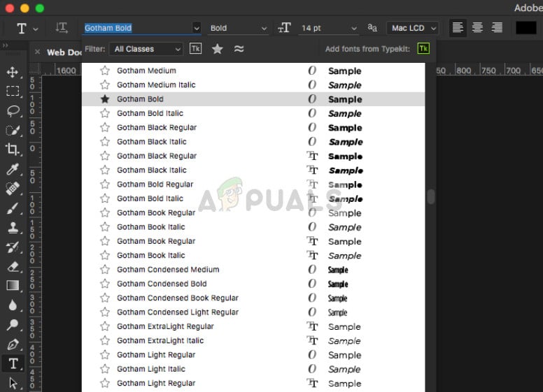 Font options in Photoshop