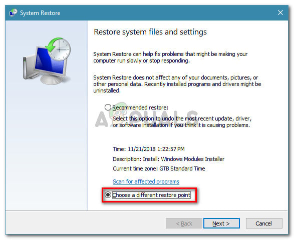Choose a different system restore point