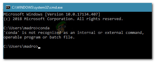 Conda is not recognised as an internal or exteranl command, operable program or batch file.