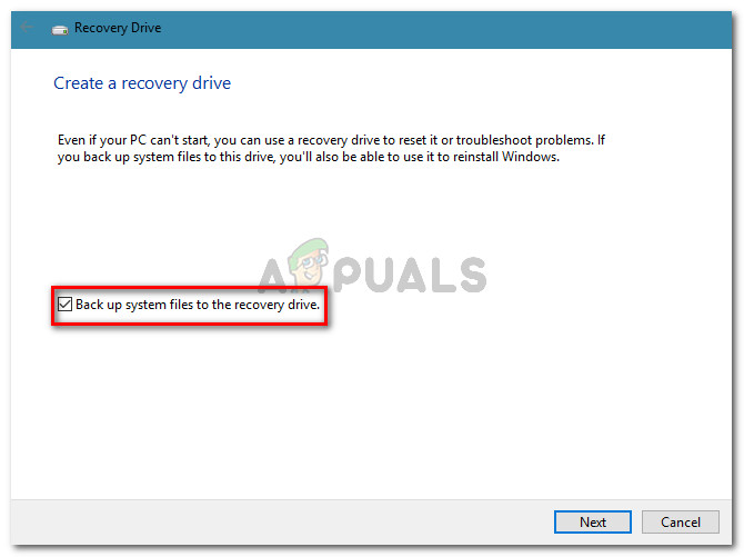 Make sure that the Back up system files to the recovery drive checkbox is enabled 