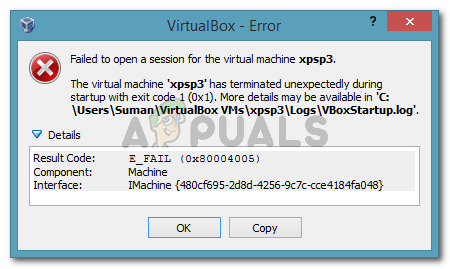 Fehler beim Öffnen einer Sitzung für die virtuelle Maschine.  Die virtuelle Maschine wurde beim Start mit dem Exit-Code (0x1) unerwartet beendet.