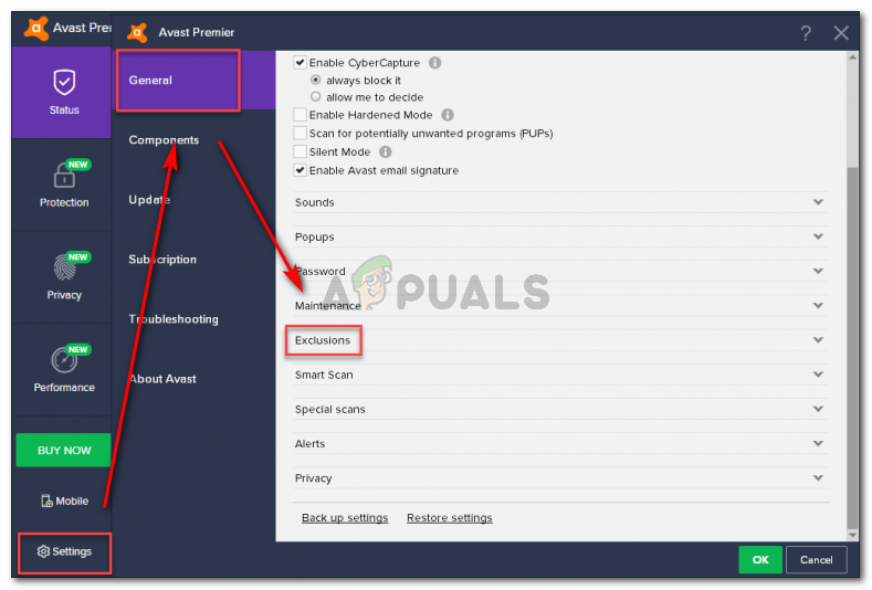 In Avast, you can add a connection to the exclusion by going to Settings srcset=