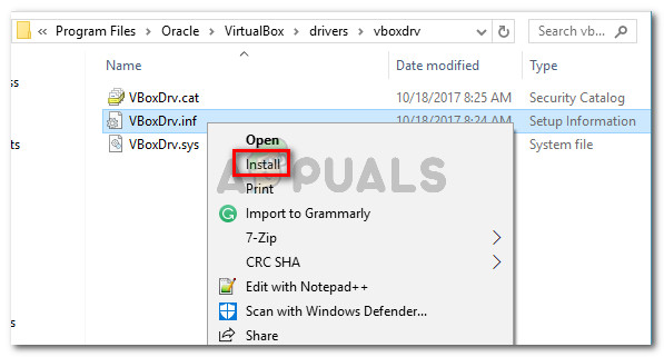 Installing the VBoxDRV.inf (VirtualBox kernel driver) file