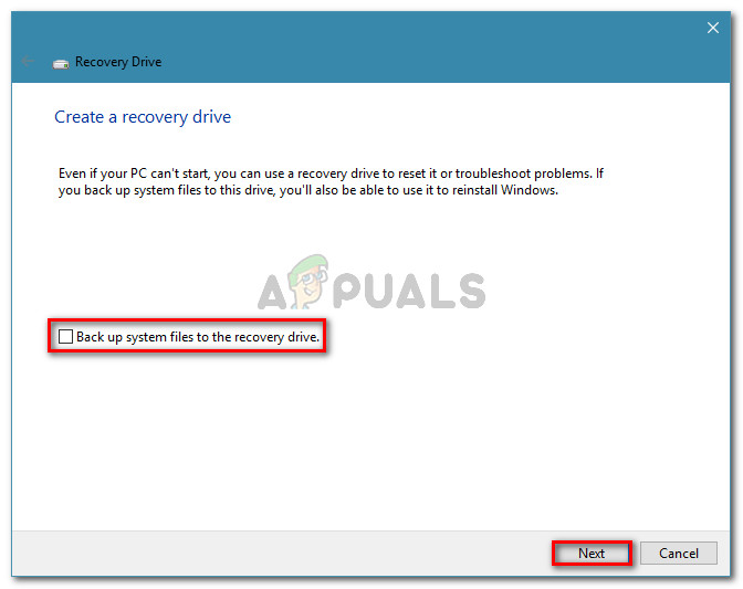 Uncheck the the Back up system files to the recovery drive
