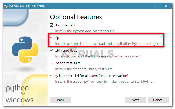Make sure that pip is checked under optional features
