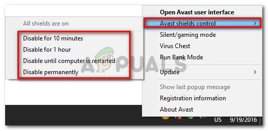 Disabling the real-time protection on Avast Antivirus