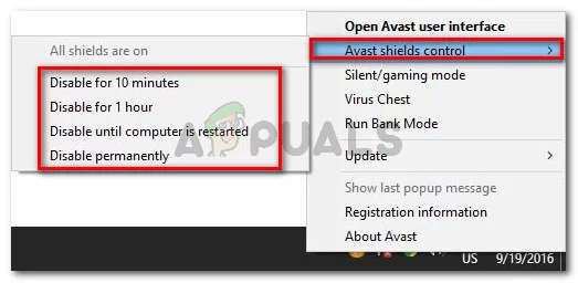 Disabling the real-time protection on Avast Antivirus