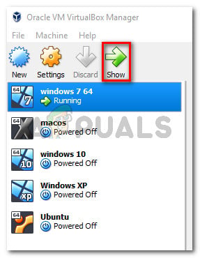 Click on Show to bring up the virtual machine window