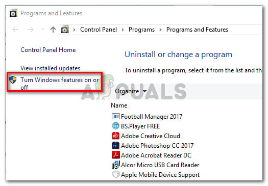 In Programs and Features, click on Turn Windows Features On or Off