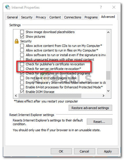 Unchecking the boxes associated with publisher & server certificate revocation