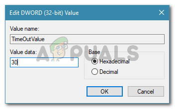 Set the Value data of TimeOutValue to a maximum value of 30