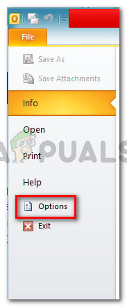 Opening the Options menu inside Outlook